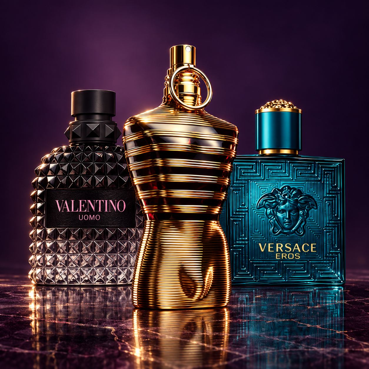 Jean Paul Le Male Elixir, Valentino Born in Roma y Versace Eros en una composición de perfumes sobre fondo morado